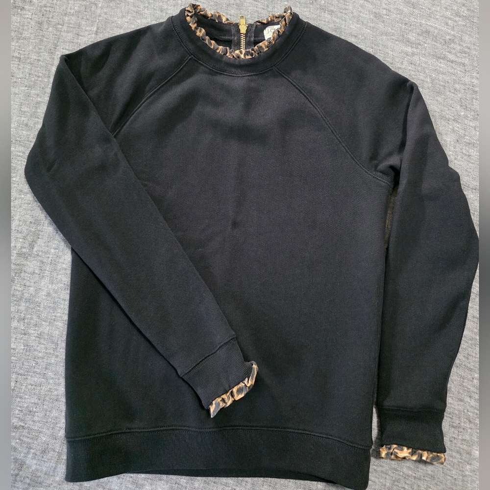 J. Crew Women's Black Sweater with Leopard Print Trim XXS